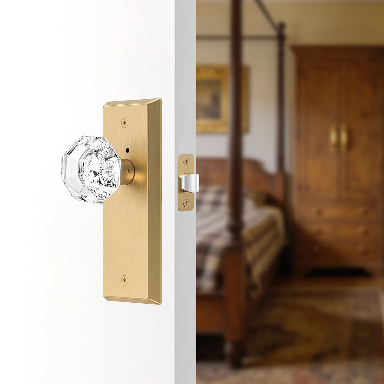 SENY glass door knob with backplate installed on interior bedroom door