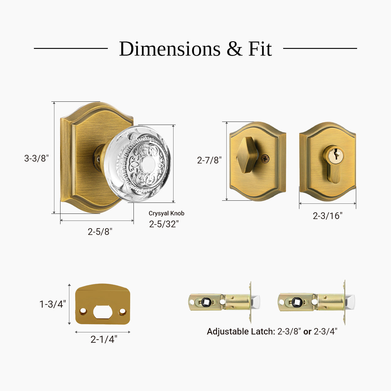 Glass door knob with deadbolt dimensions and standard exterior door fit guide, SENY