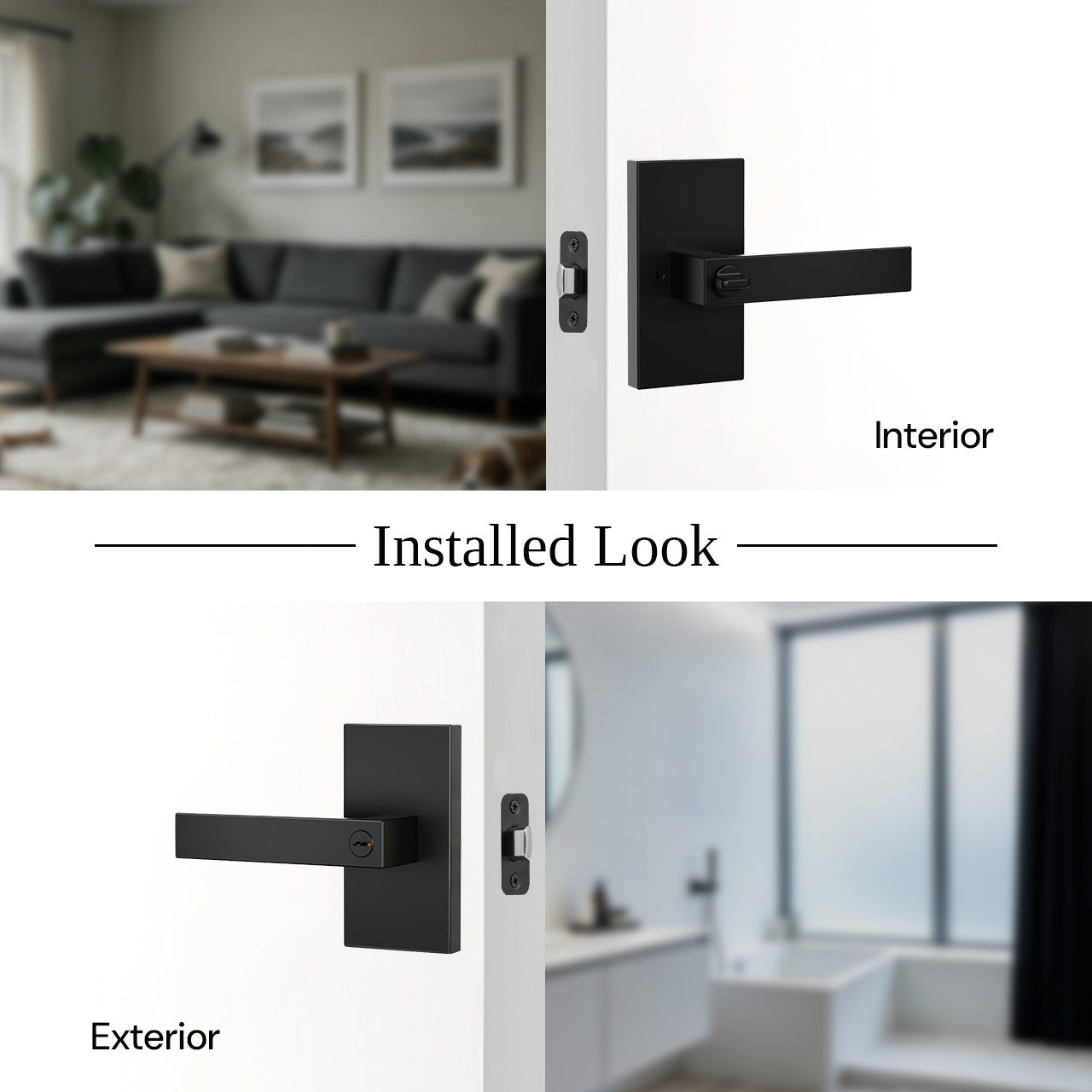Interior door handle with key shown from interior and exterior installed views SENY