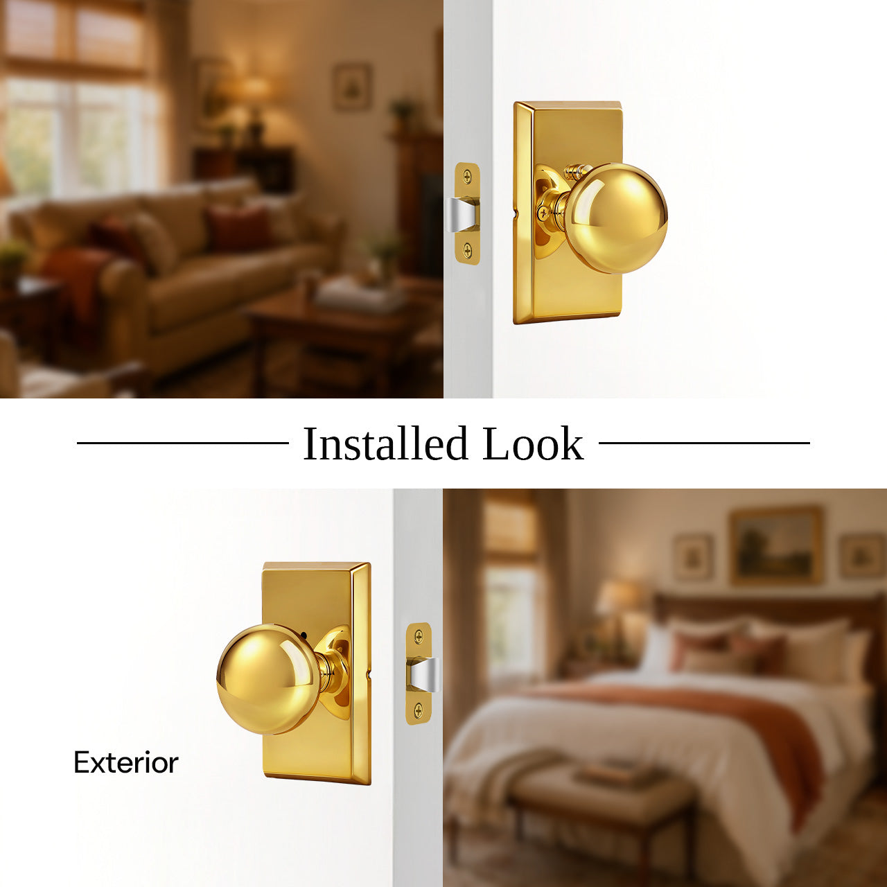 Interior door knob showing exterior and interior installation views