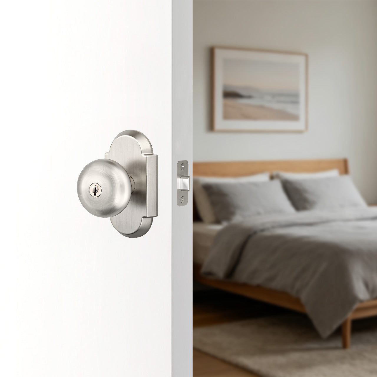 Interior door knobs with locks installed on bedroom door in modern interior, SENY