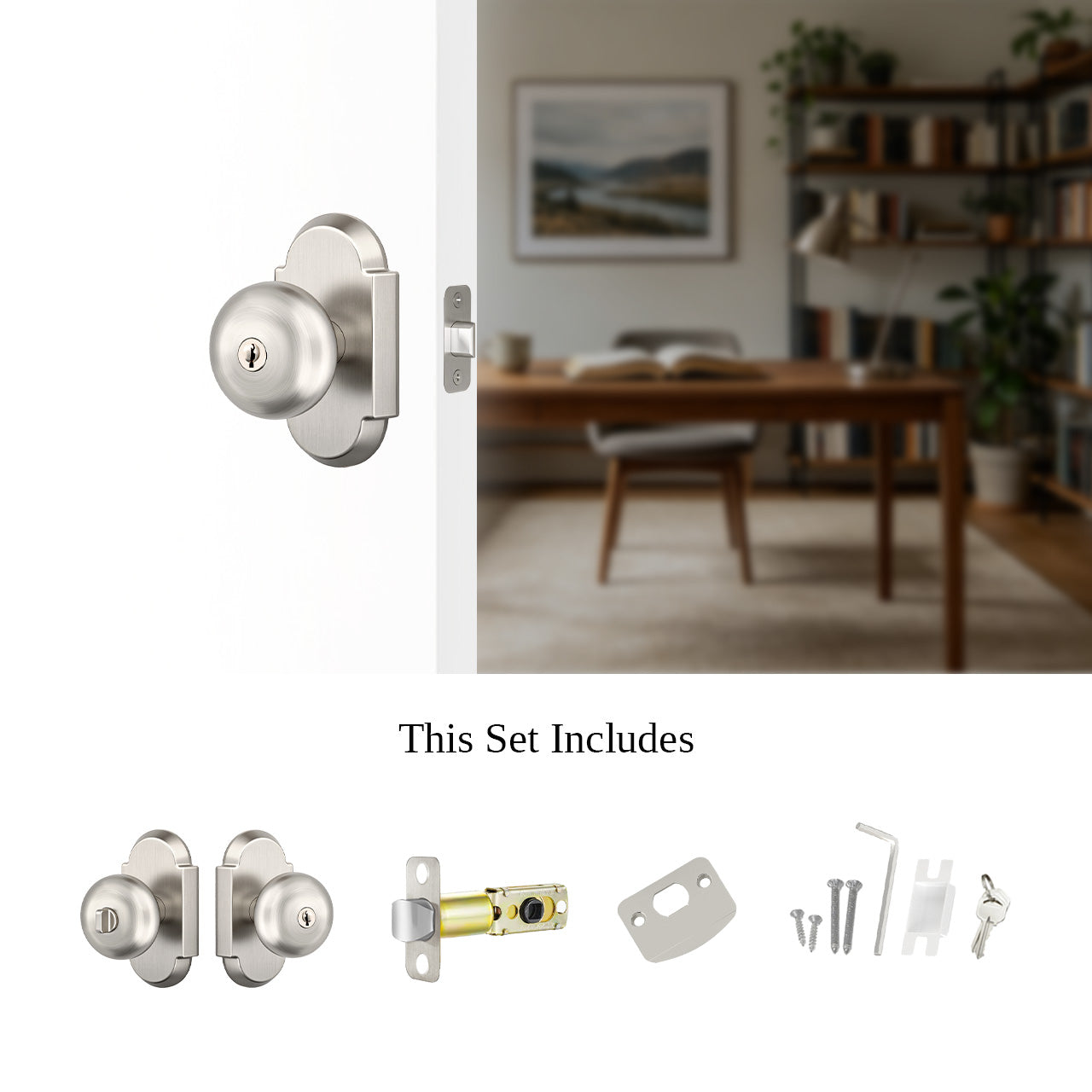Interior door knobs with locks installation hardware and complete lockset components, SENY