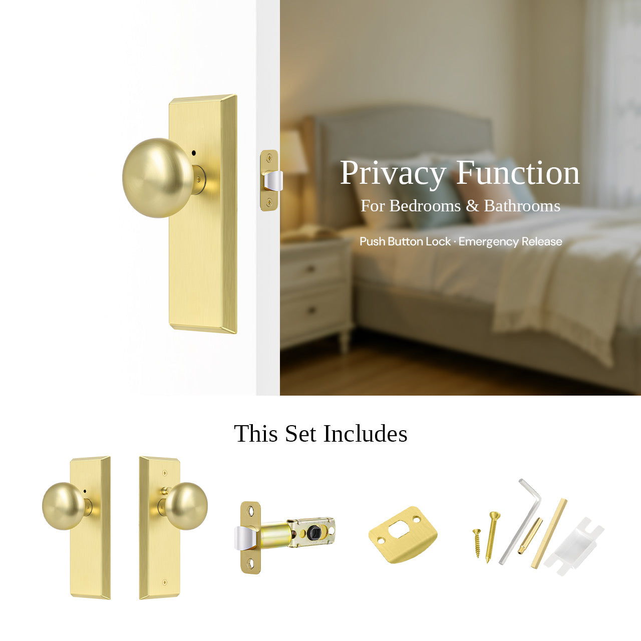 interior privacy door knob with backplate installed on bedroom door SENY