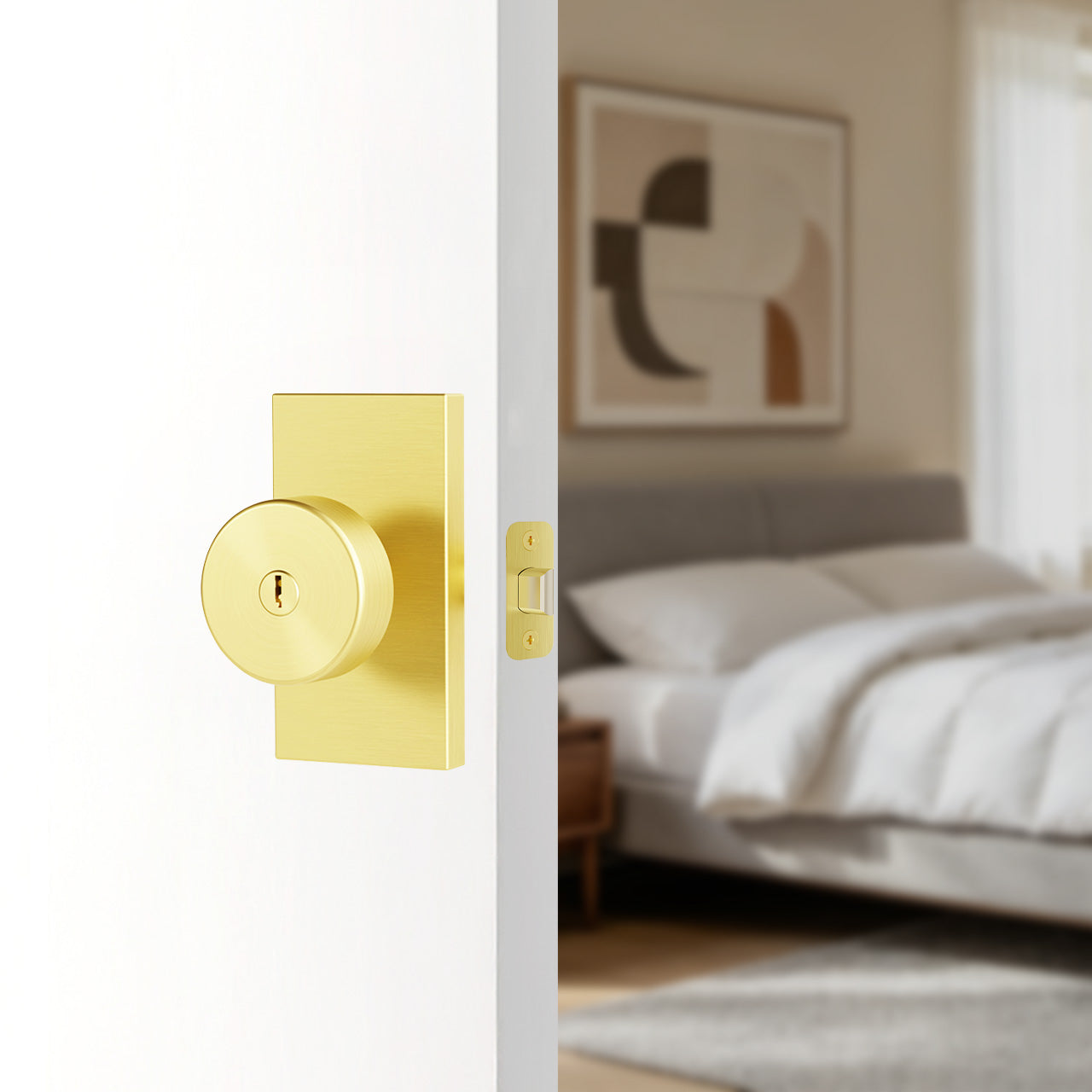 Keyed interior door knob installed in modern bedroom interior SENY