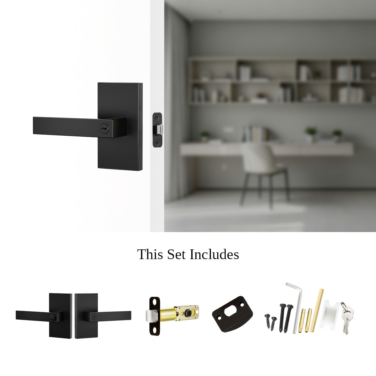 Keyed interior door lever with installation hardware and lock components SENY