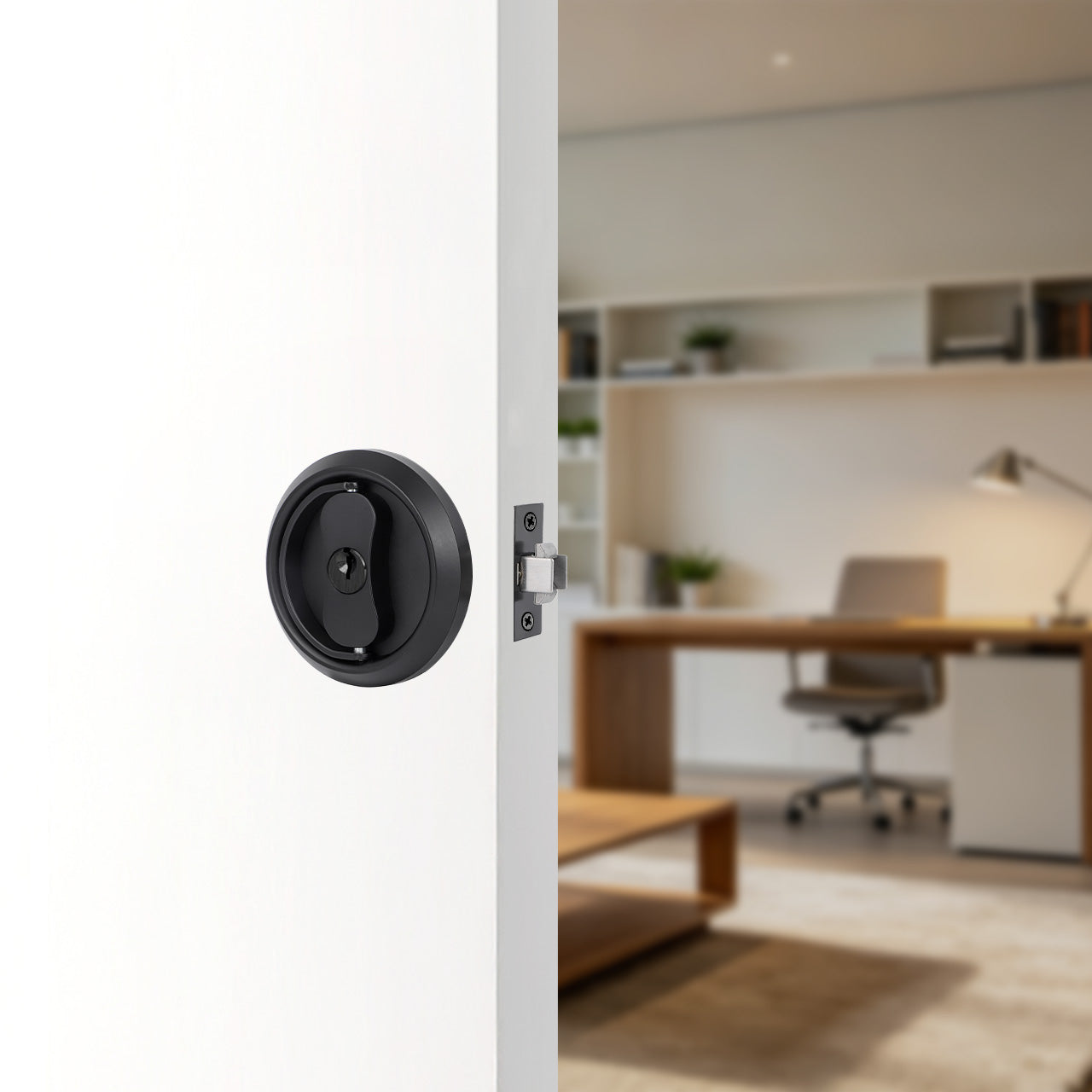 Keyed pocket door lock installed on modern bedroom sliding door SENY