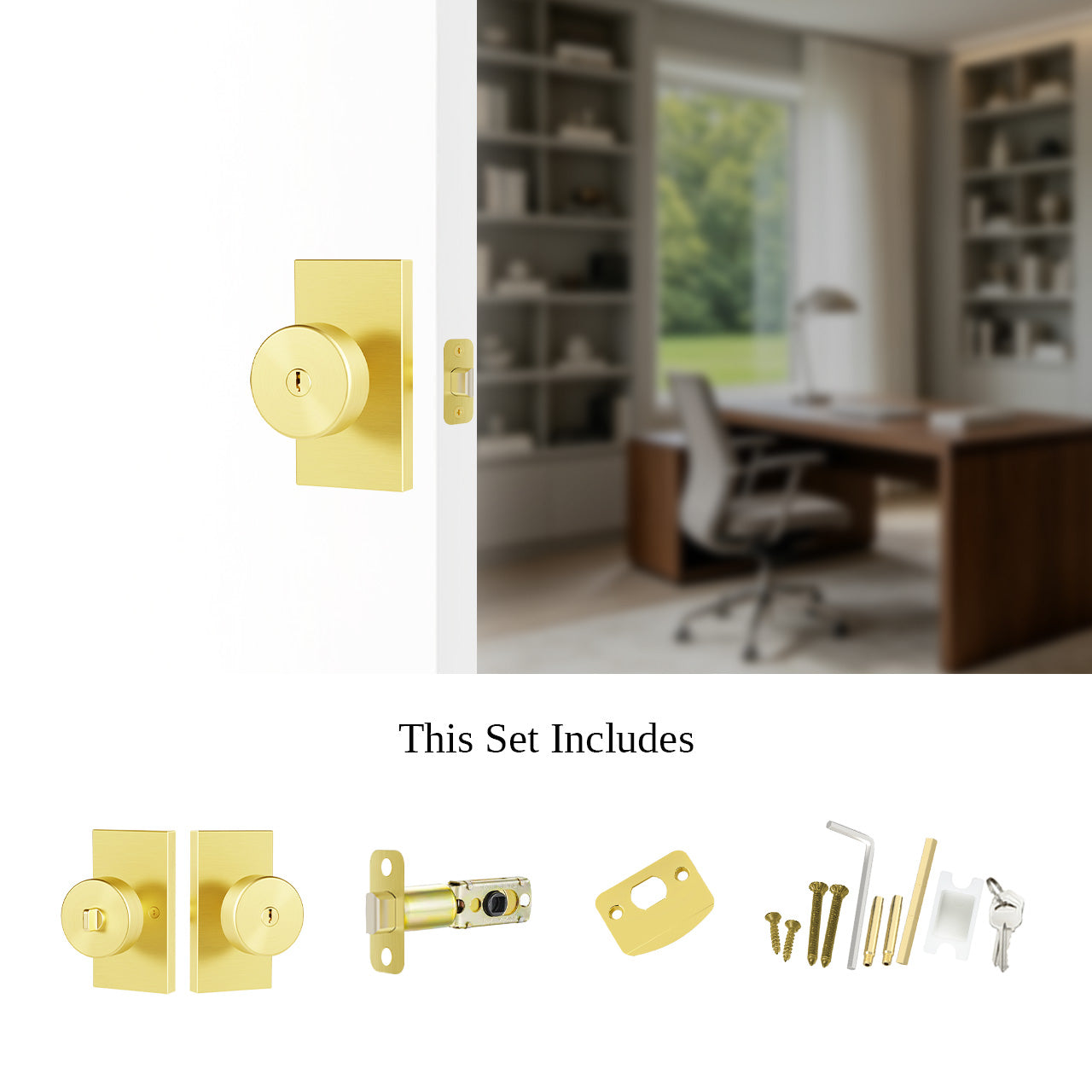 Locking interior door knob with key lock hardware and installation components SENY