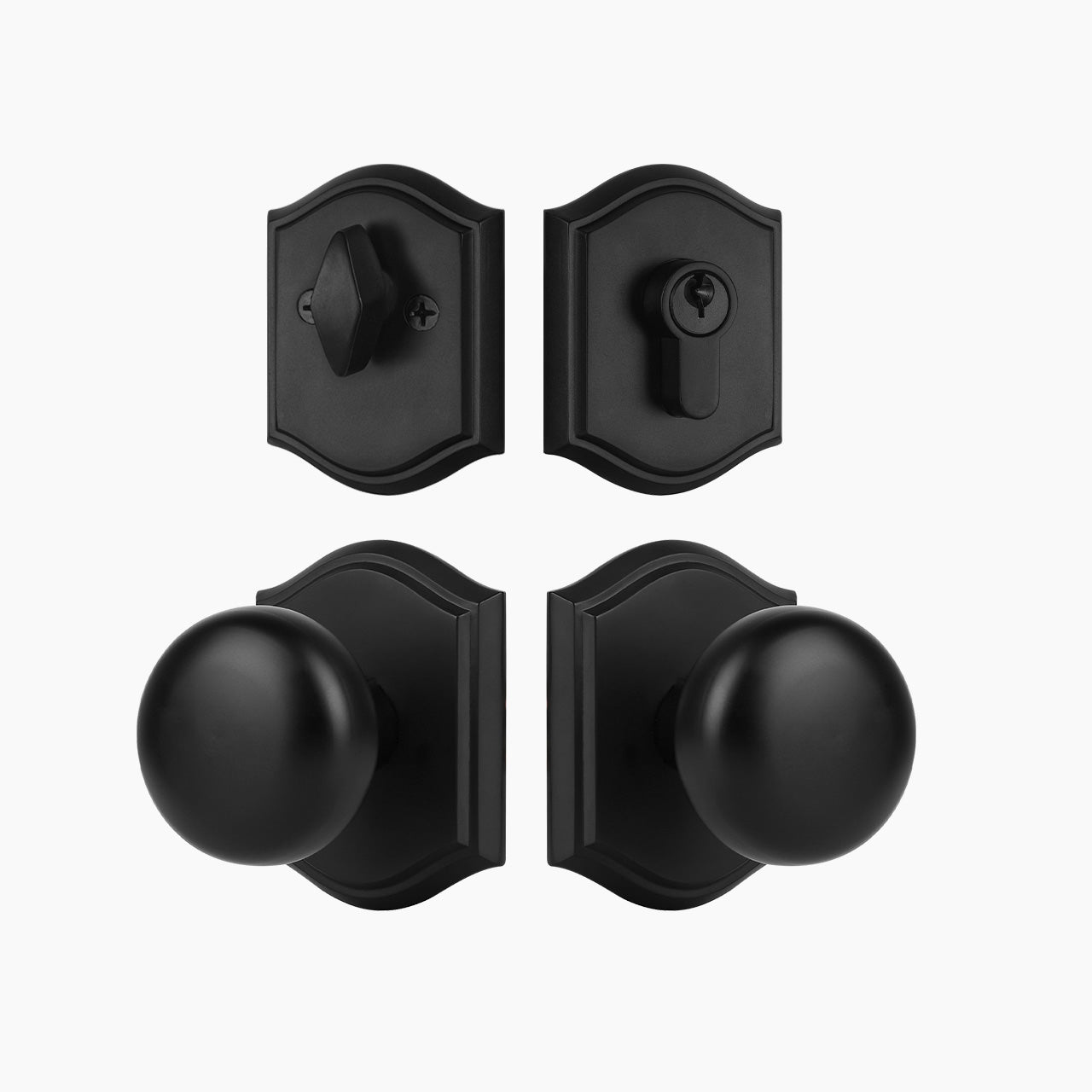 Matte black classic door knob set with deadbolt and arched plate, SENY