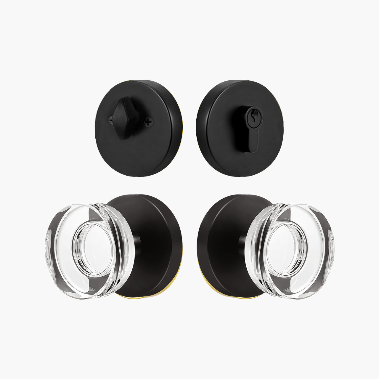 Matte black crystal door knob and deadbolt set for front doors, SENY