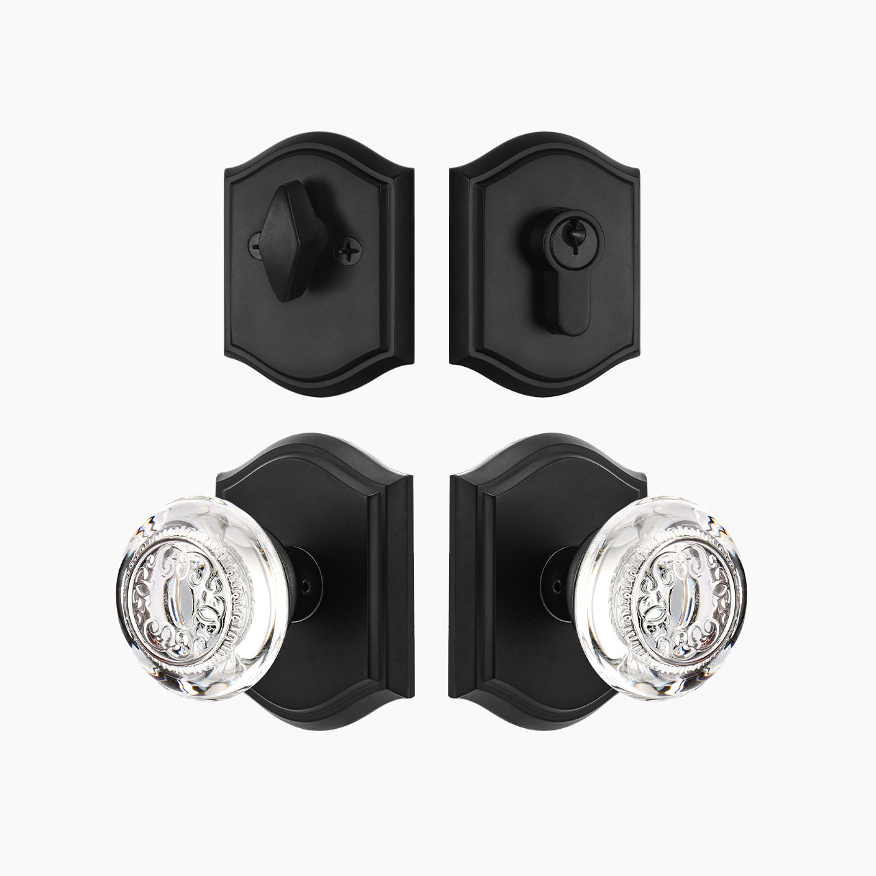 Matte black crystal door knob with deadbolt for exterior entry doors, SENY