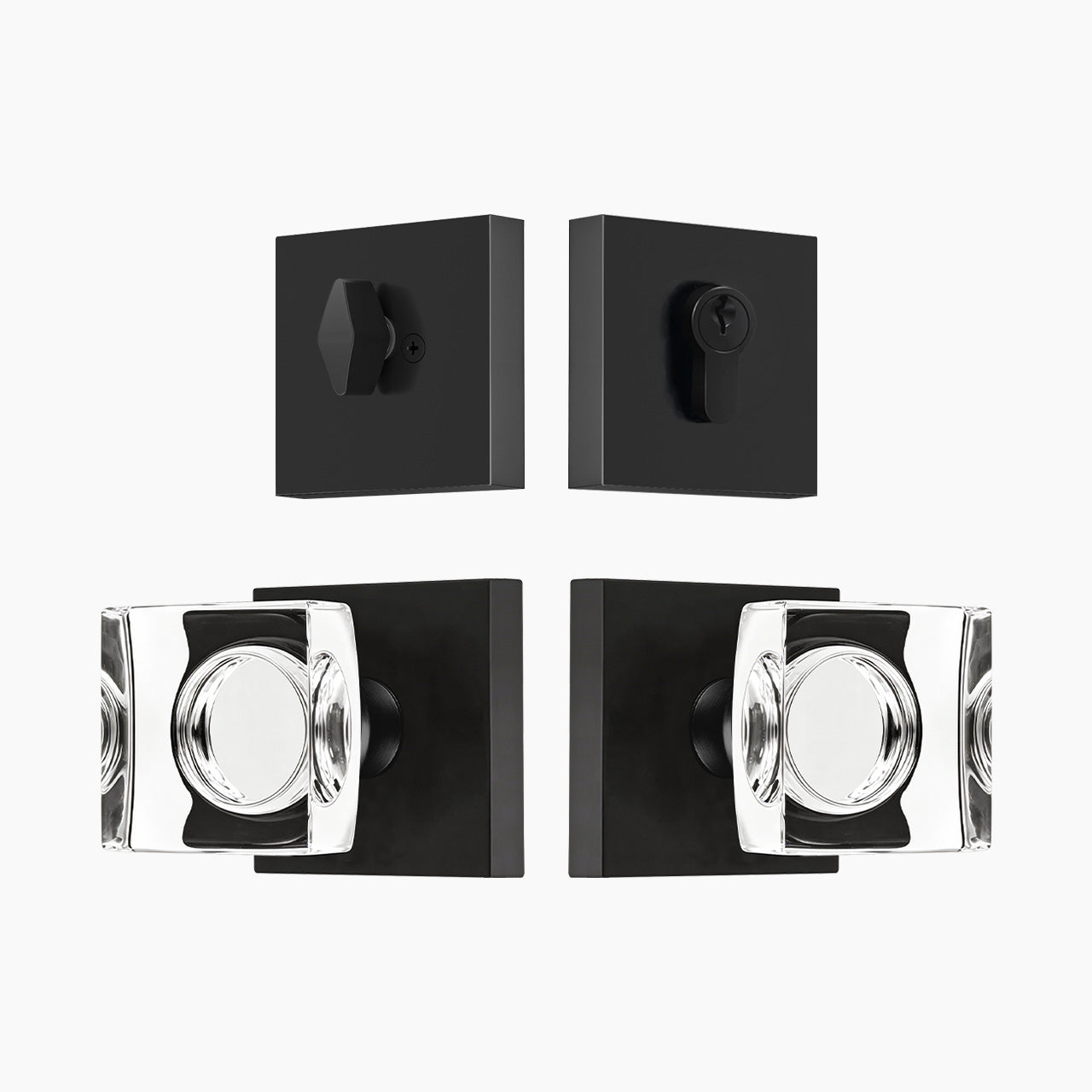 Matte Black crystal entry door knob with square backplate and single cylinder deadbolt