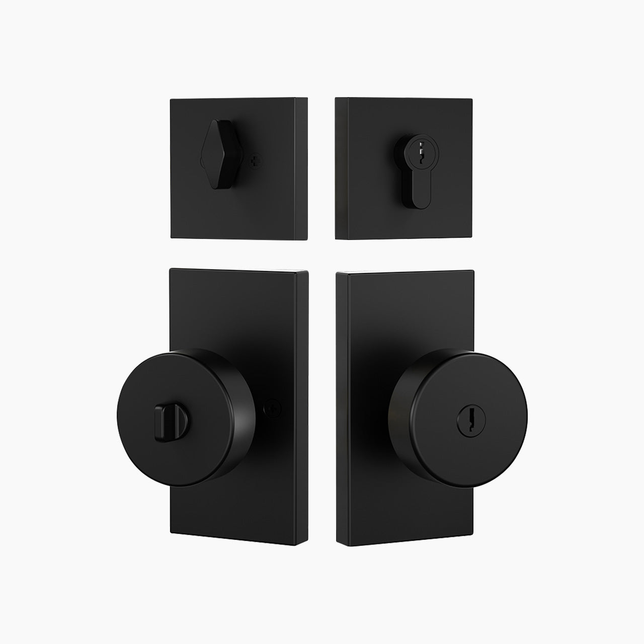 Matte black entry door knob set with deadbolt and rectangular backplate, SENY