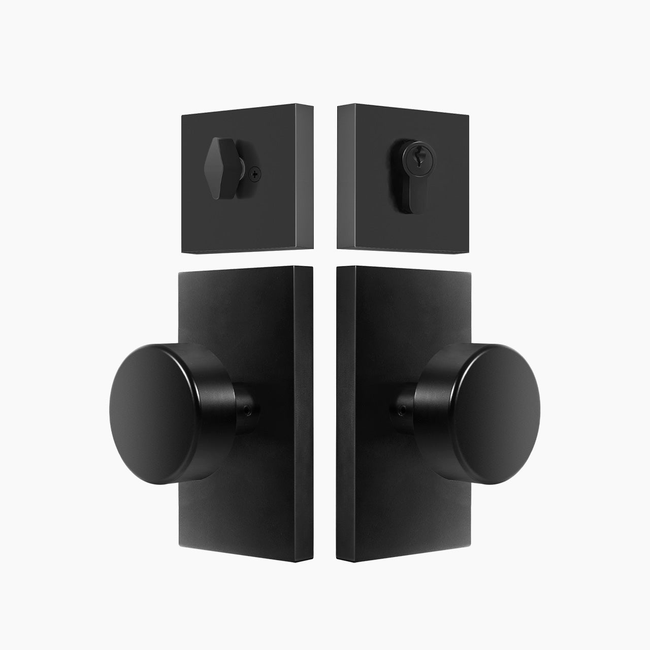 Matte black entry door knob with rectangular backplate and deadbolt, SENY