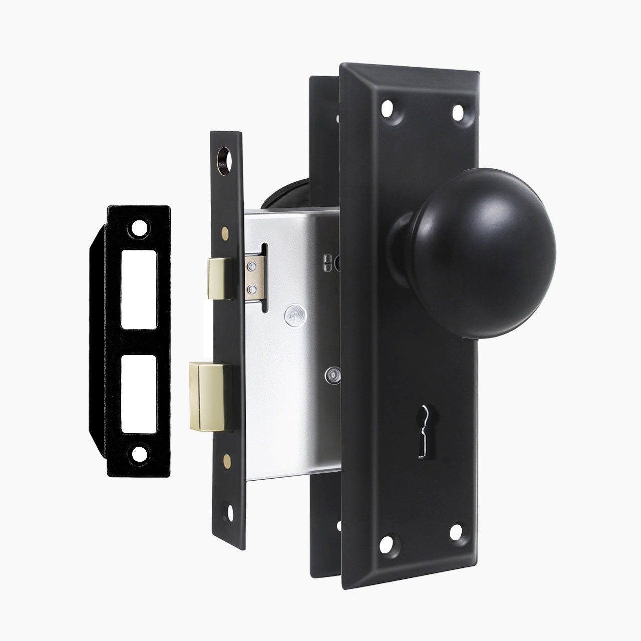 Matte black exterior mortise lock set with skeleton key and ornate trim, SENY