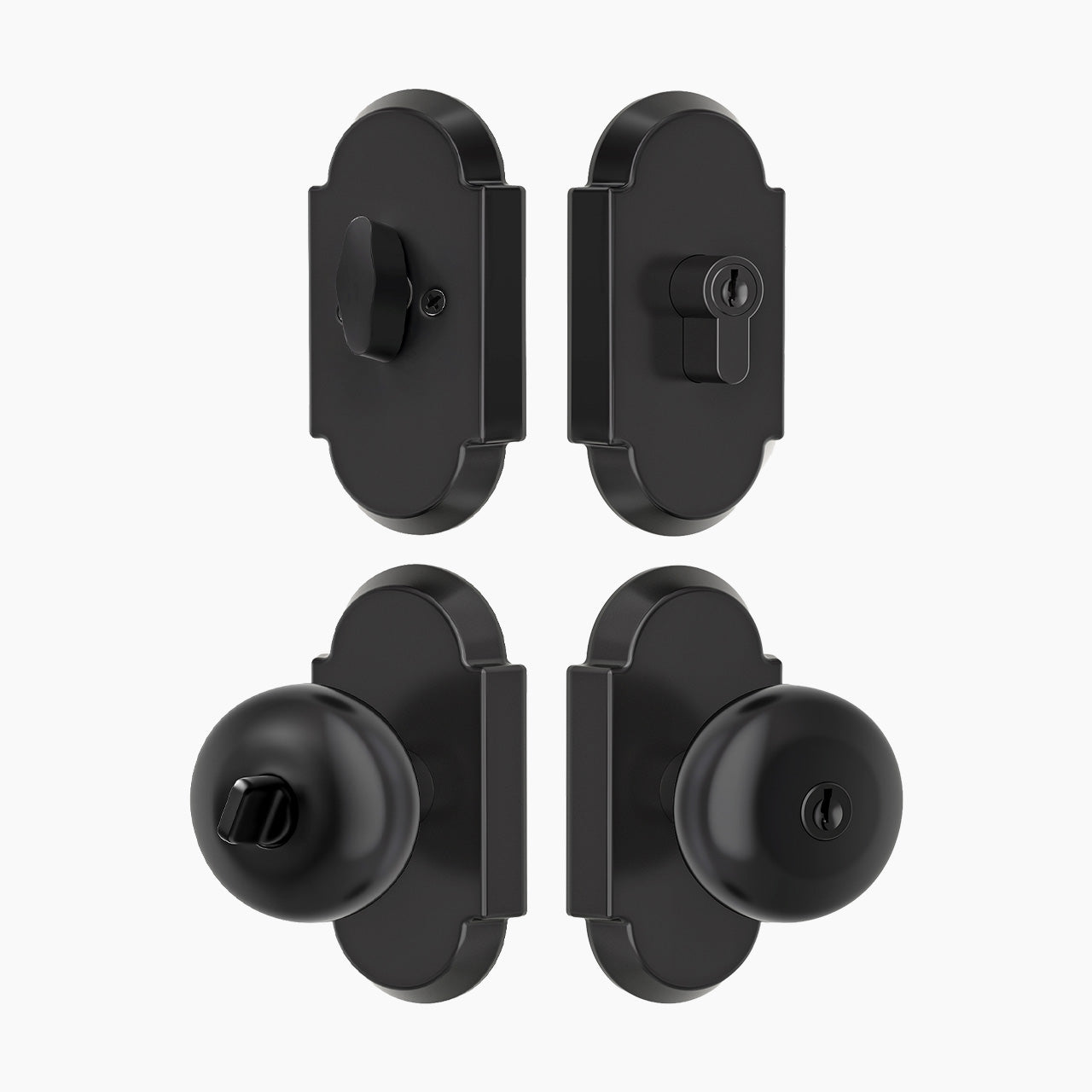 Matte black front door lock set with deadbolt and decorative arch rosette, SENY