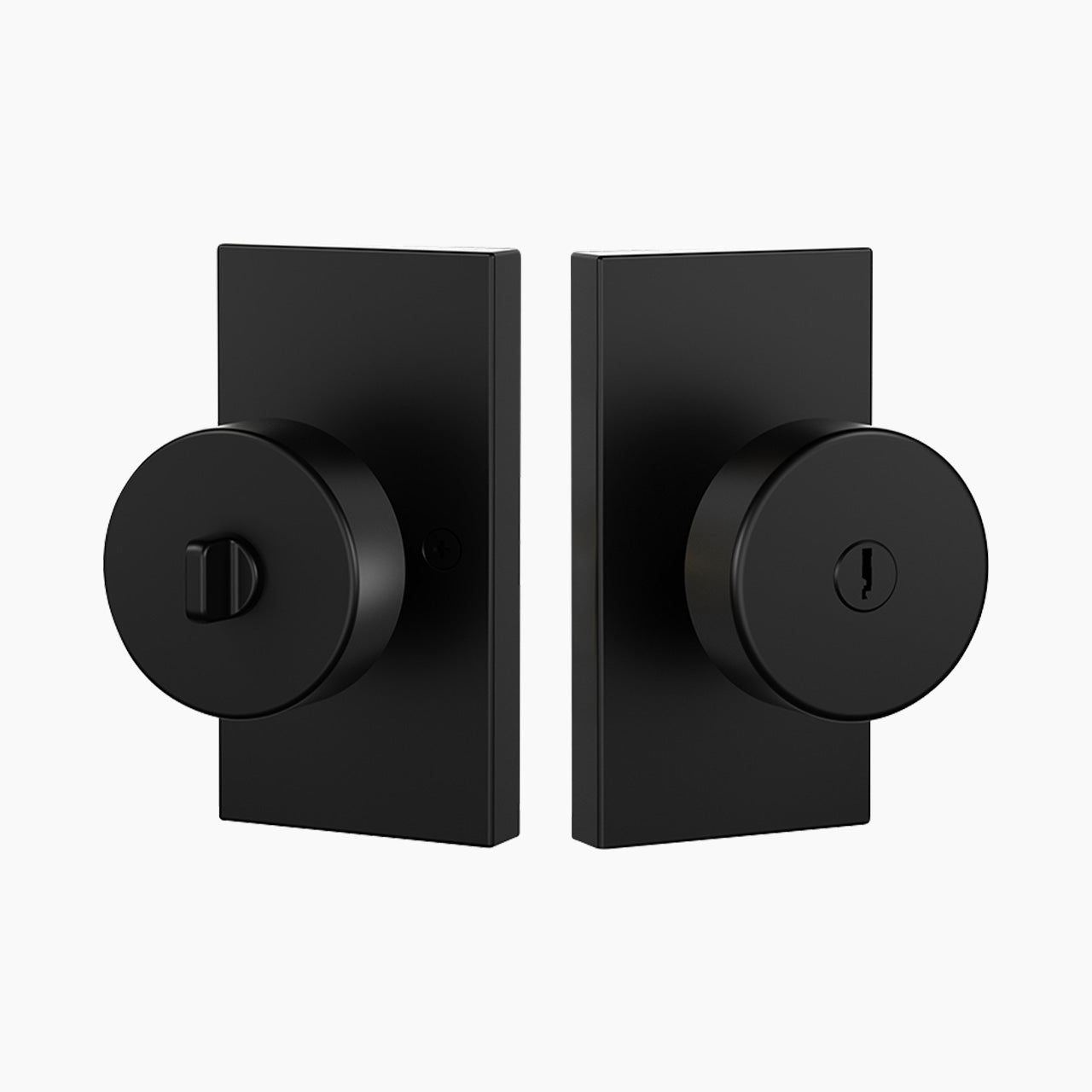 Matte black interior door knobs with locks and rectangular backplate design SENY