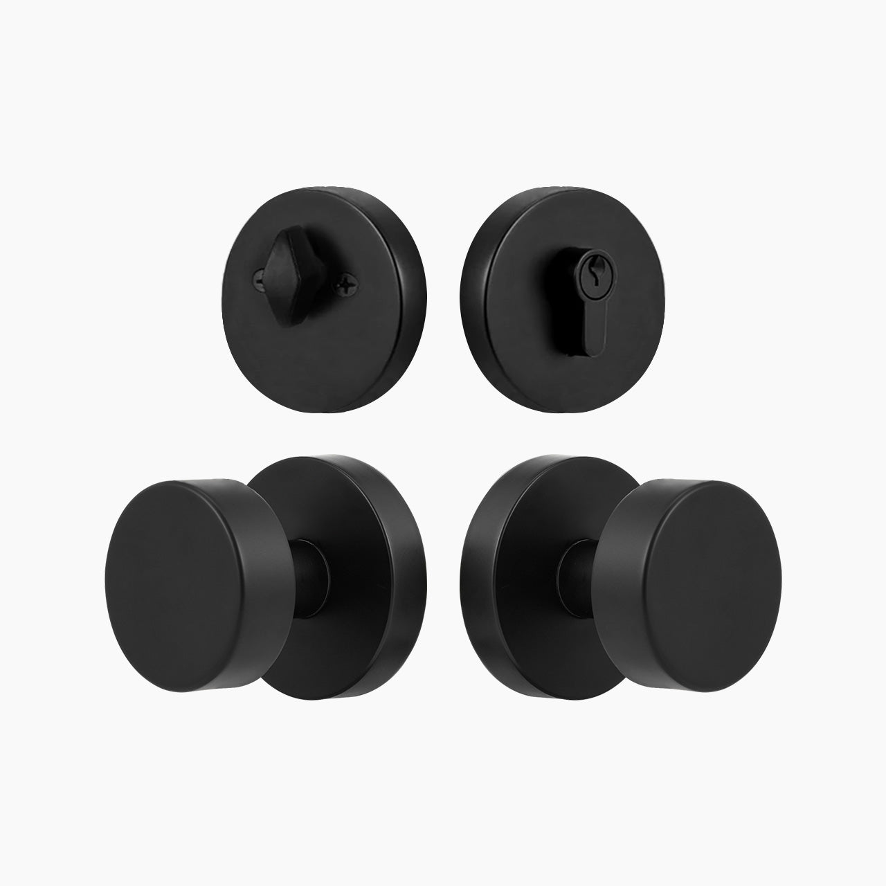 Matte black modern round entry door knob set with deadbolt, SENY