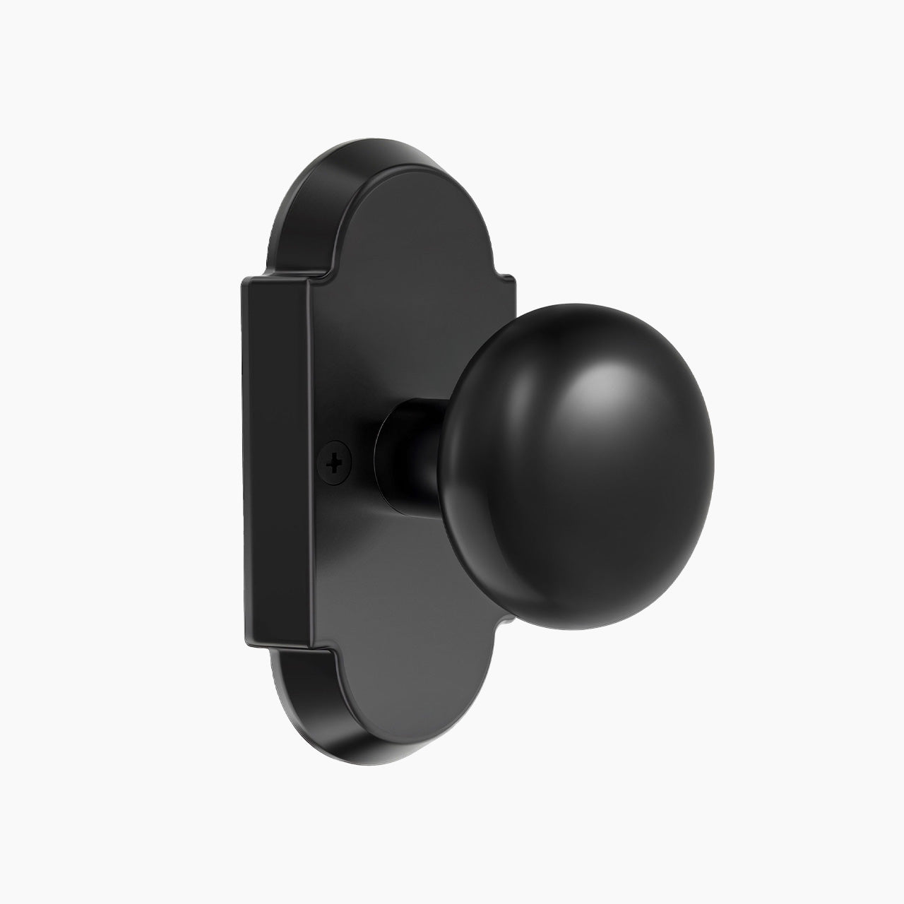 Matte black vintage passage door knob with curved backplate for hallway and closet doors