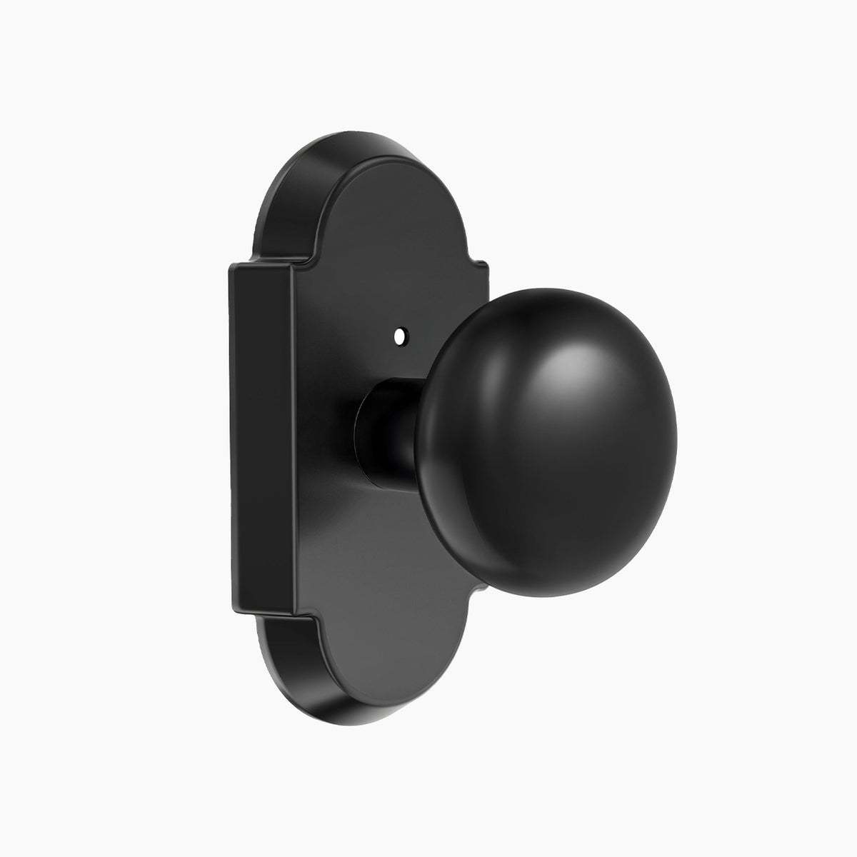 Matte black vintage privacy door knob with curved backplate for interior room doors