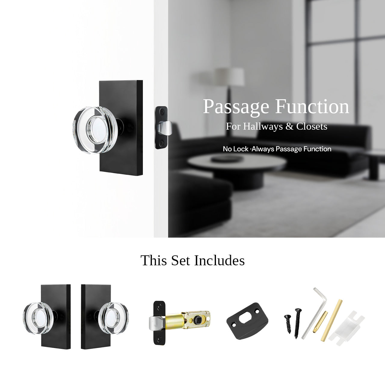 SENY modern crystal door knob passage function hardware set