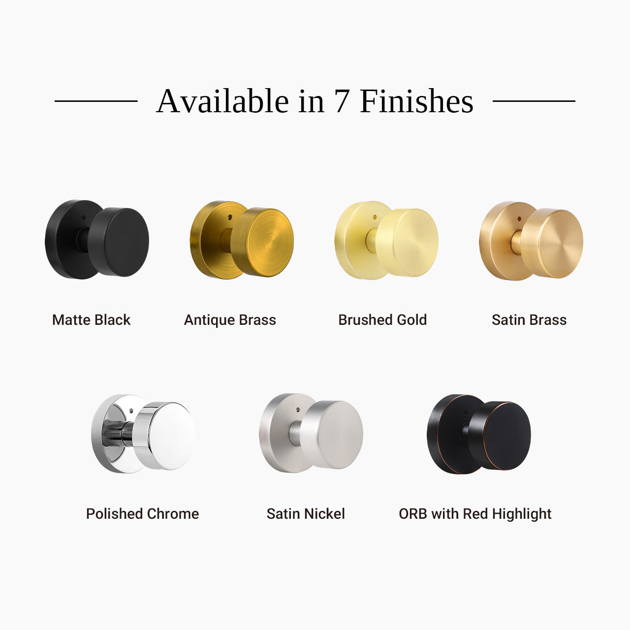 Round modern door knobs available in multiple finishes including matte black brushed gold and satin nickel, SENY
