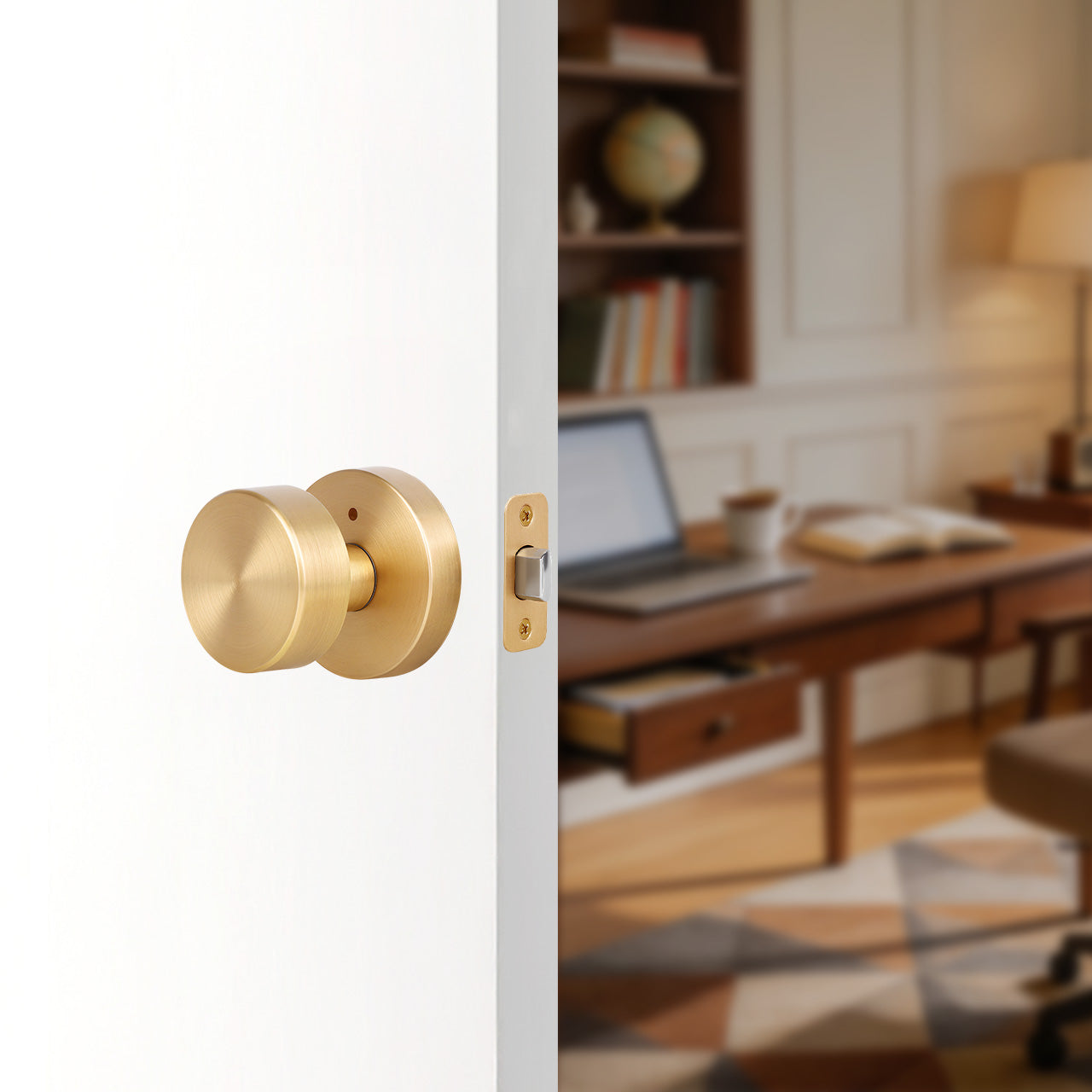 Modern interior door knobs installed on bedroom door with minimalist style, SENY