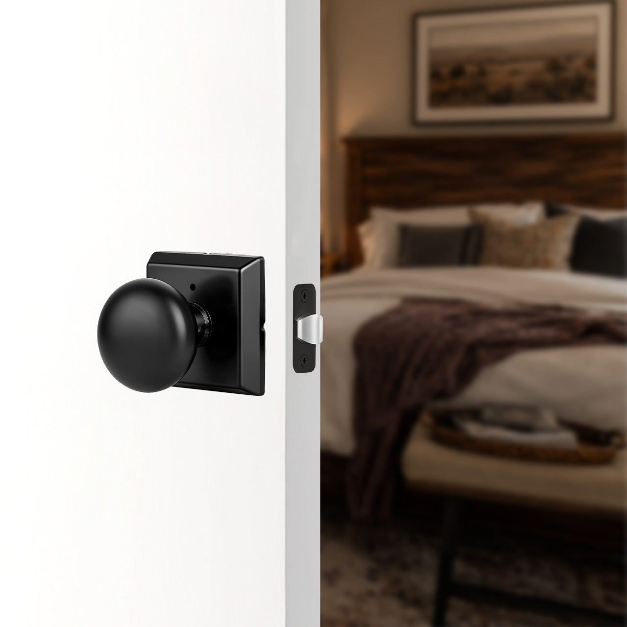 Modern round interior door knob installed on bedroom door with square rosette SENY