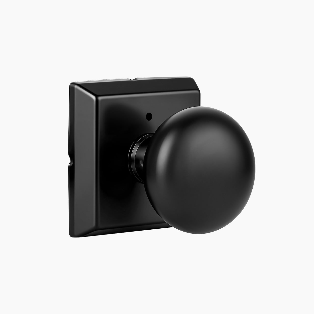 Modern round interior door knob with square rosette on white background SENY