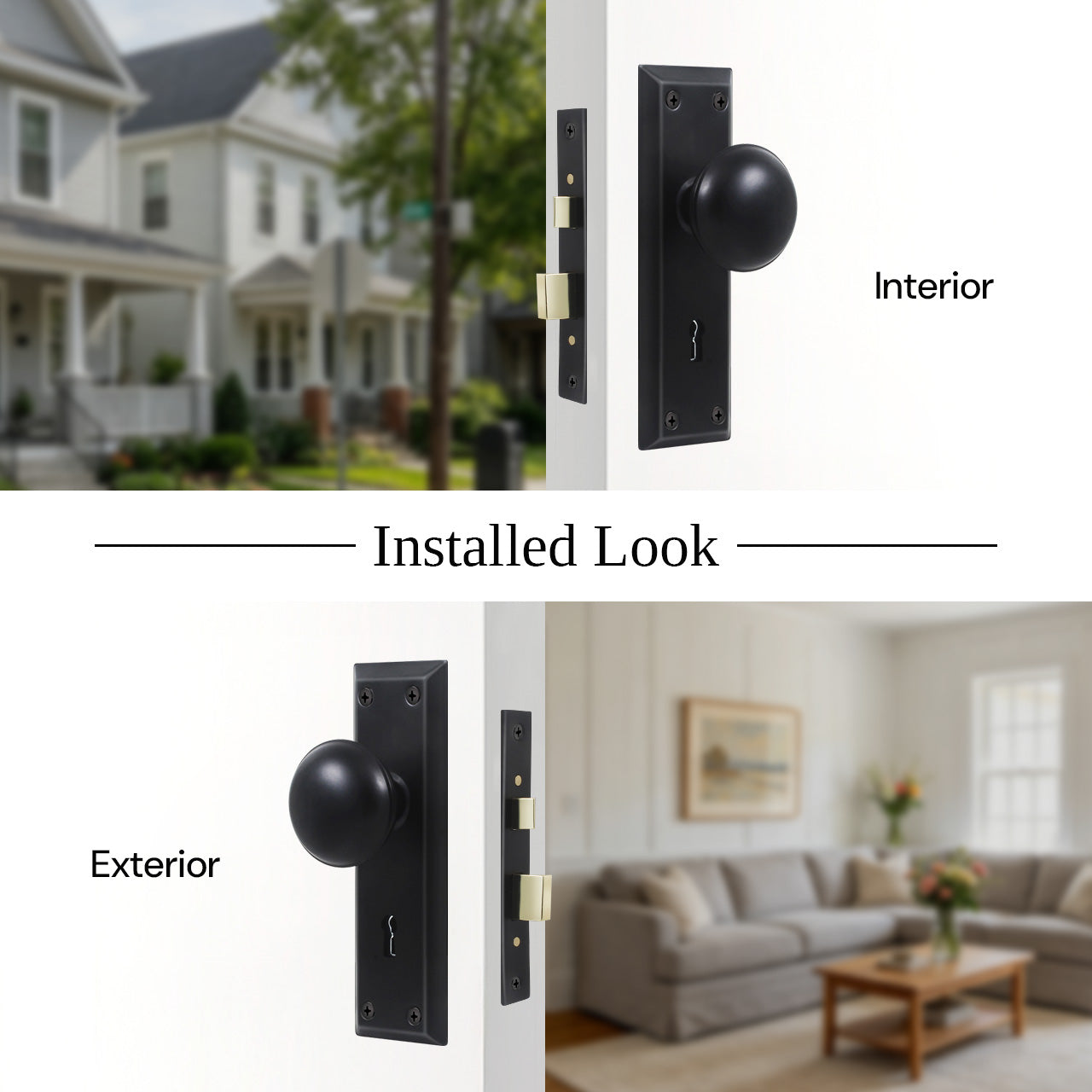 Mortise door lock set installed with interior and exterior front door view, SENY