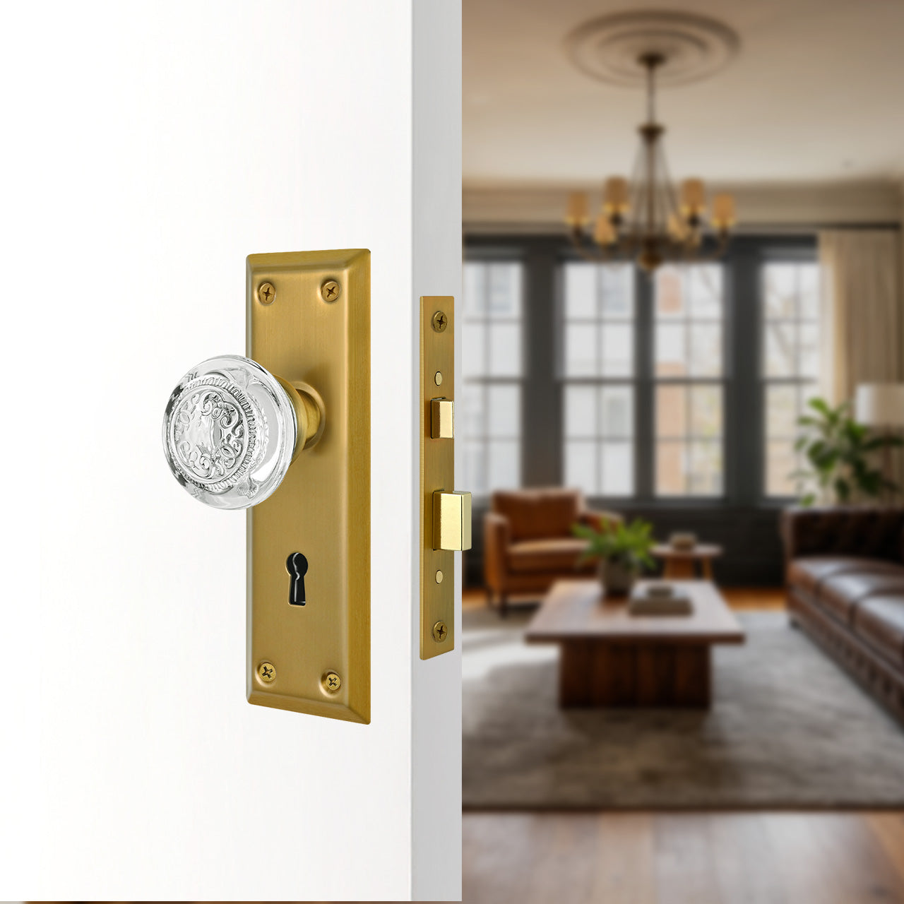 mortise entry lock set installed on interior door with round crystal knob SENY