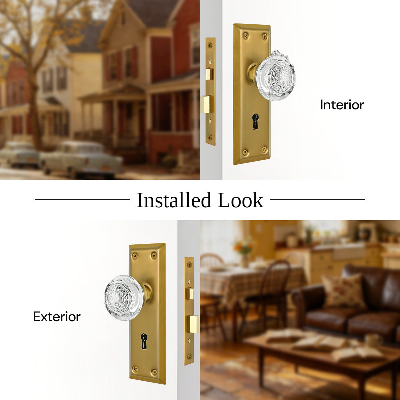 mortise entry lock set interior and exterior door view embossed crystal knob SENY