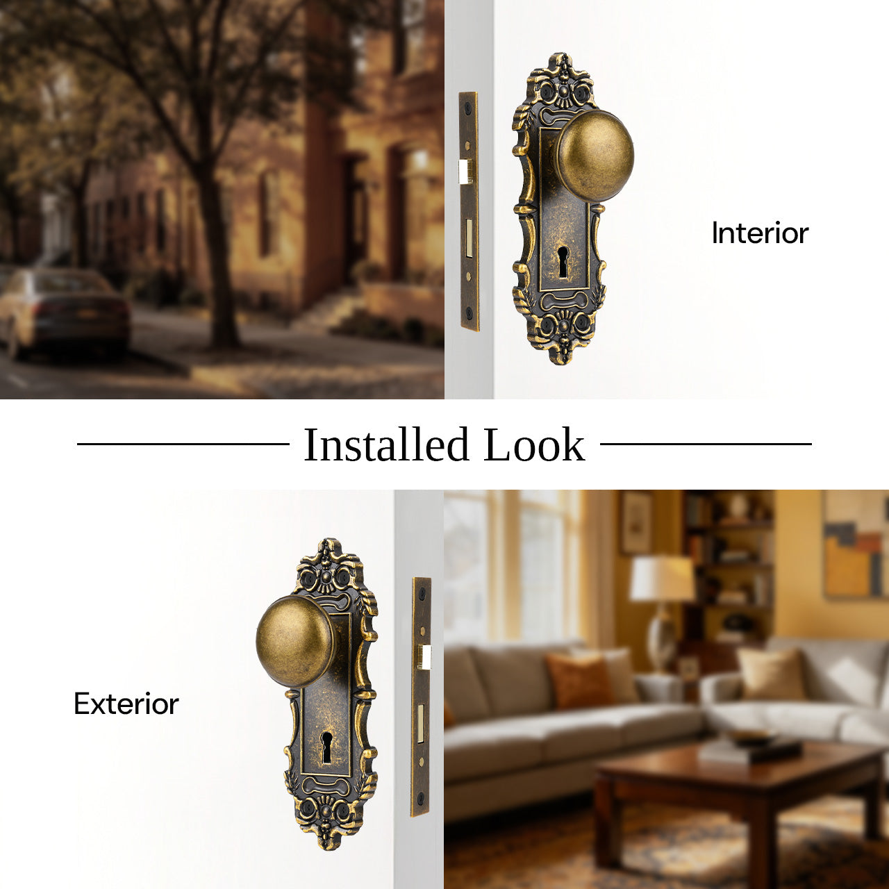 Vintage mortise lock set installed with interior and exterior door view, SENY