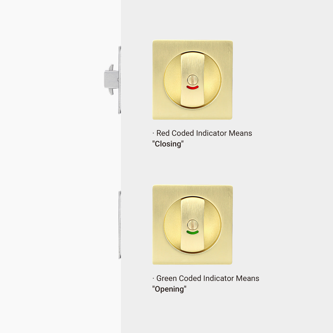 Occupancy indicator pocket door lock showing green open status and red locked status, SENY