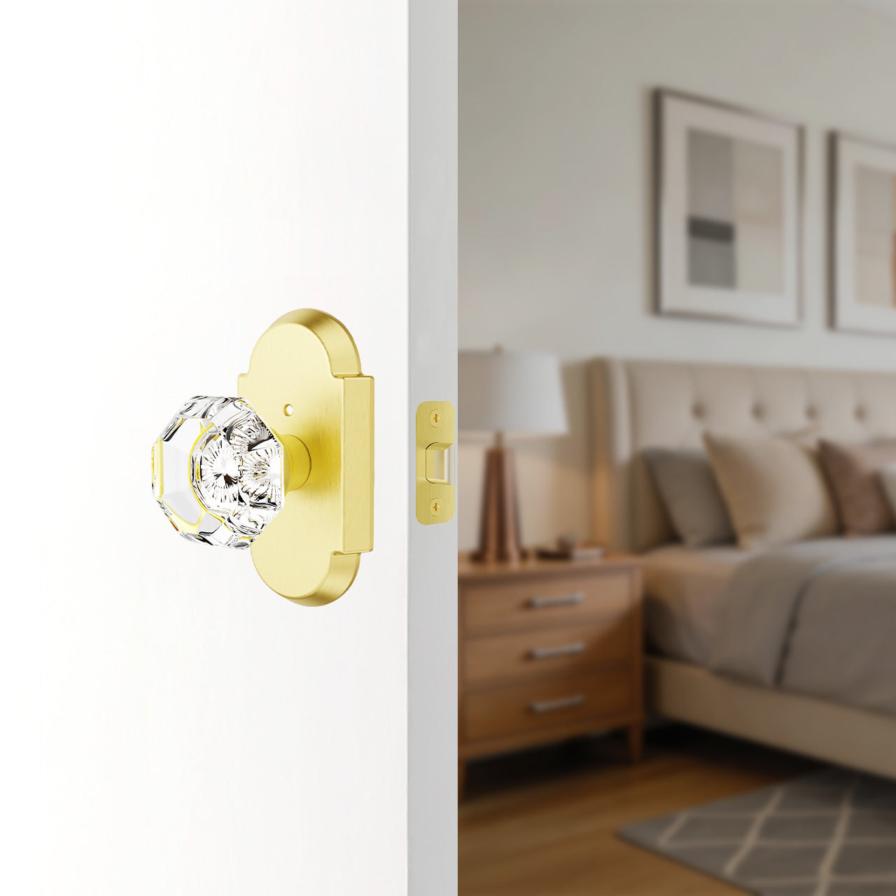 octagon crystal door knob with arch backplate installed on interior door SENY