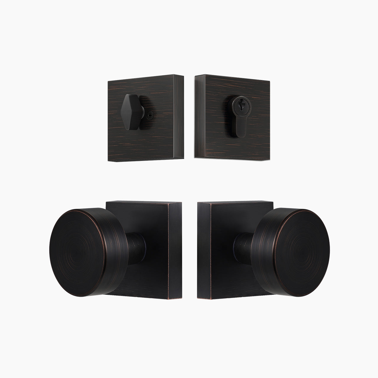 Oil rubbed bronze entry door knob set with deadbolt and square rosette, SENY