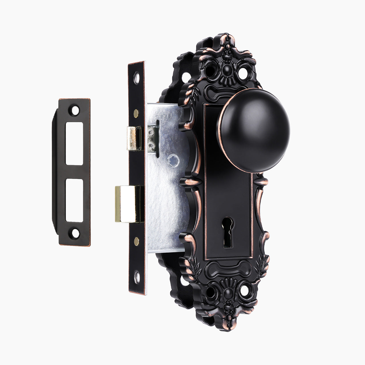 Oil rubbed bronze mortise lock set with red highlight edge and skeleton key, SENY