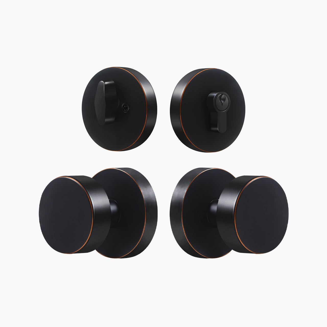 Oil rubbed bronze round entry door knob set with red highlight edge, SENY