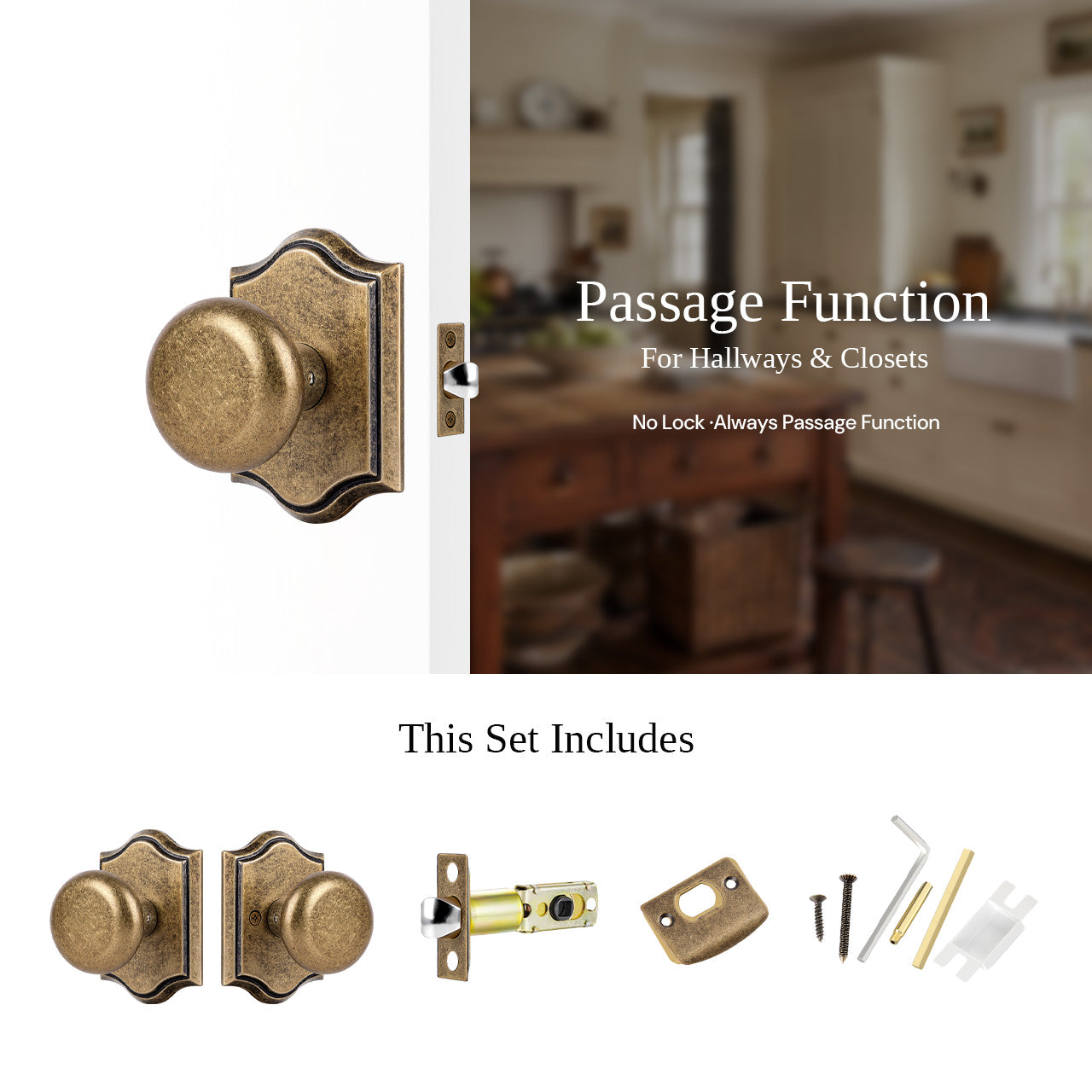 Passage vintage interior door knob with arched rosette and included hardware SENY