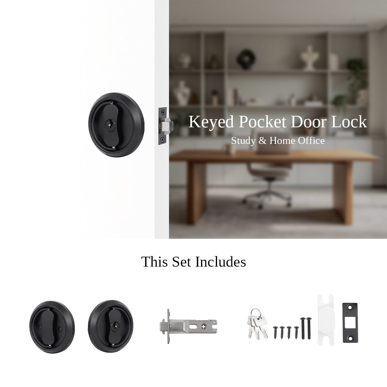Pocket door lock with key installation hardware and recessed lock components SENY