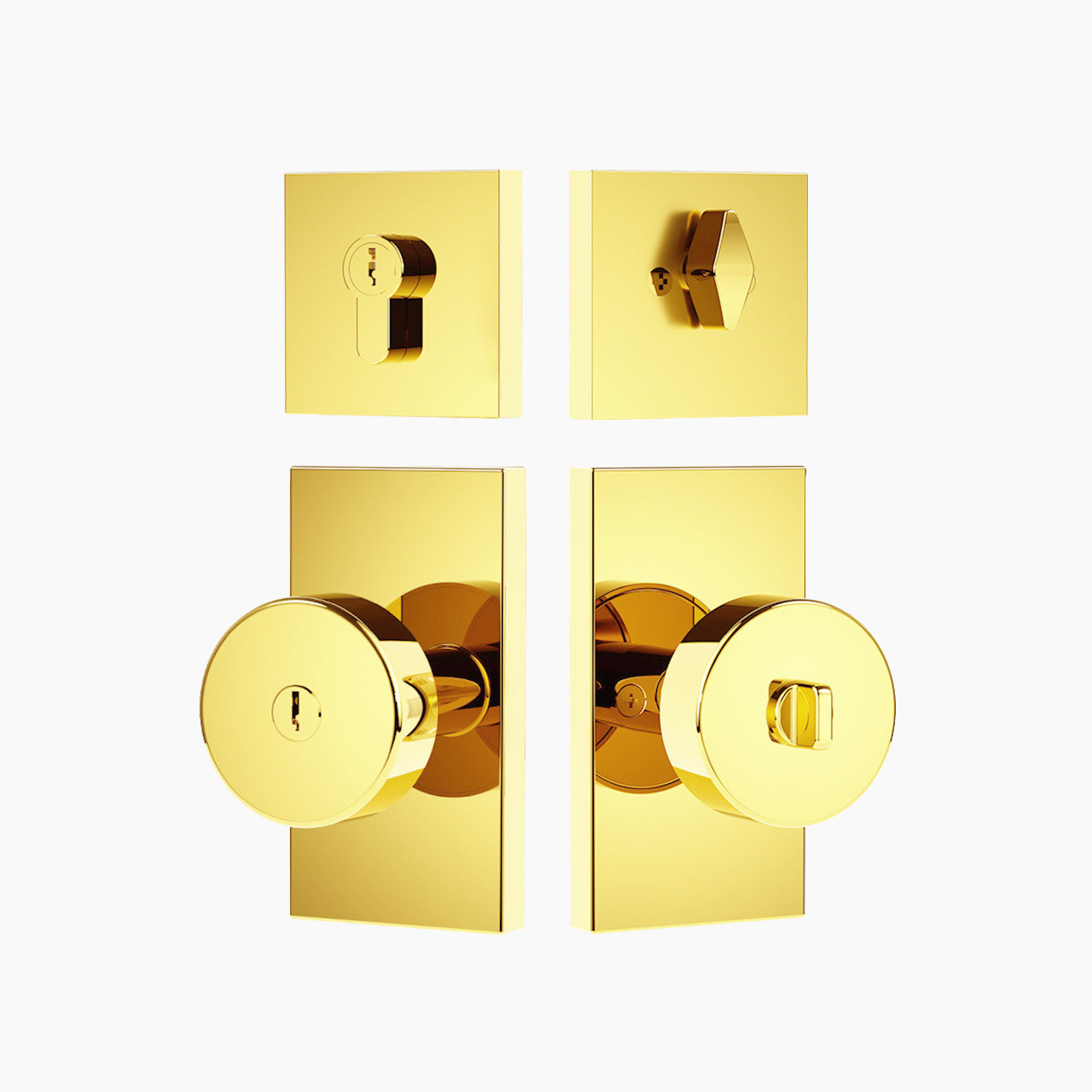 Polished brass entry door lock set with deadbolt and rectangular backplate, SENY