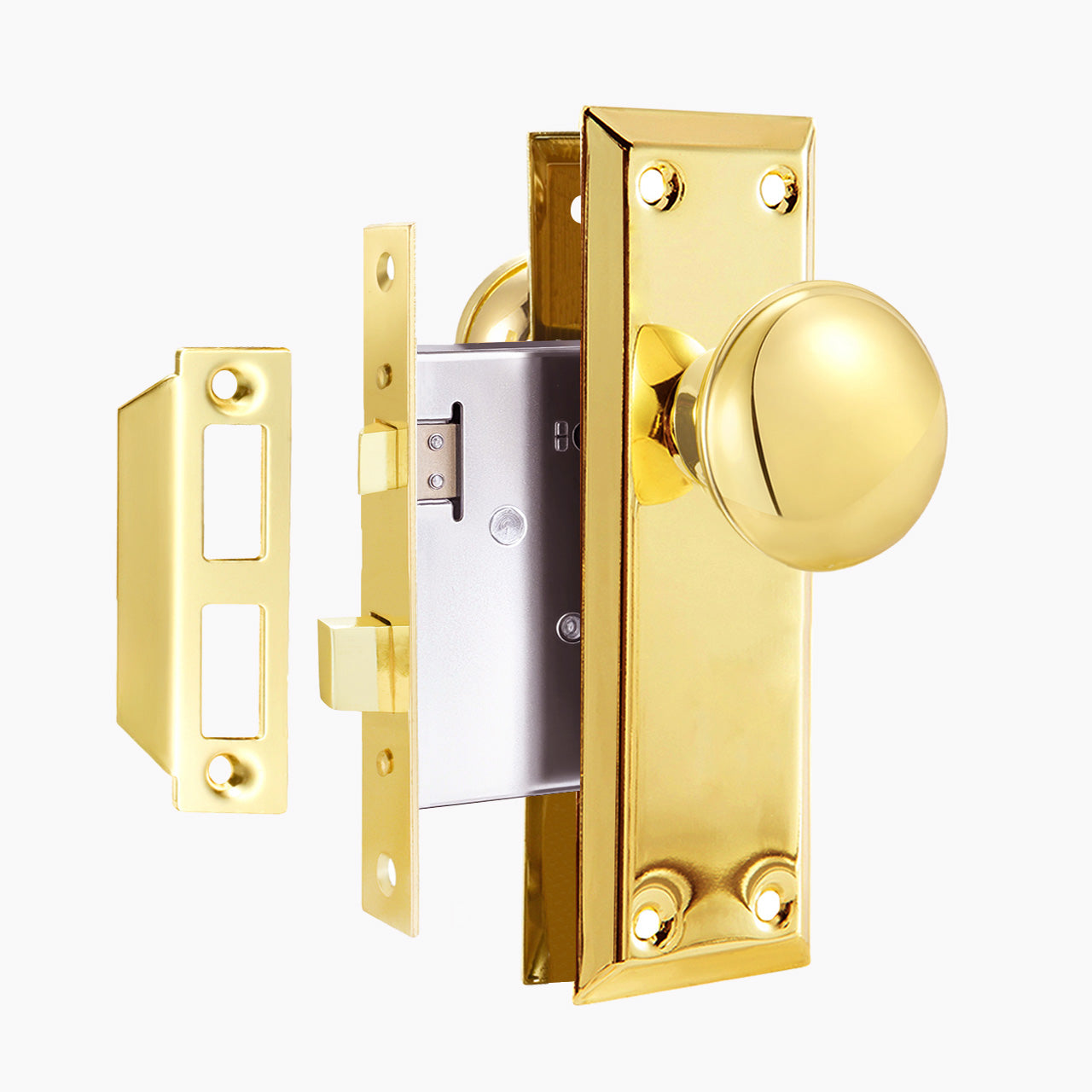 Polished brass mortise lock set exterior door with vintage skeleton key design, SENY