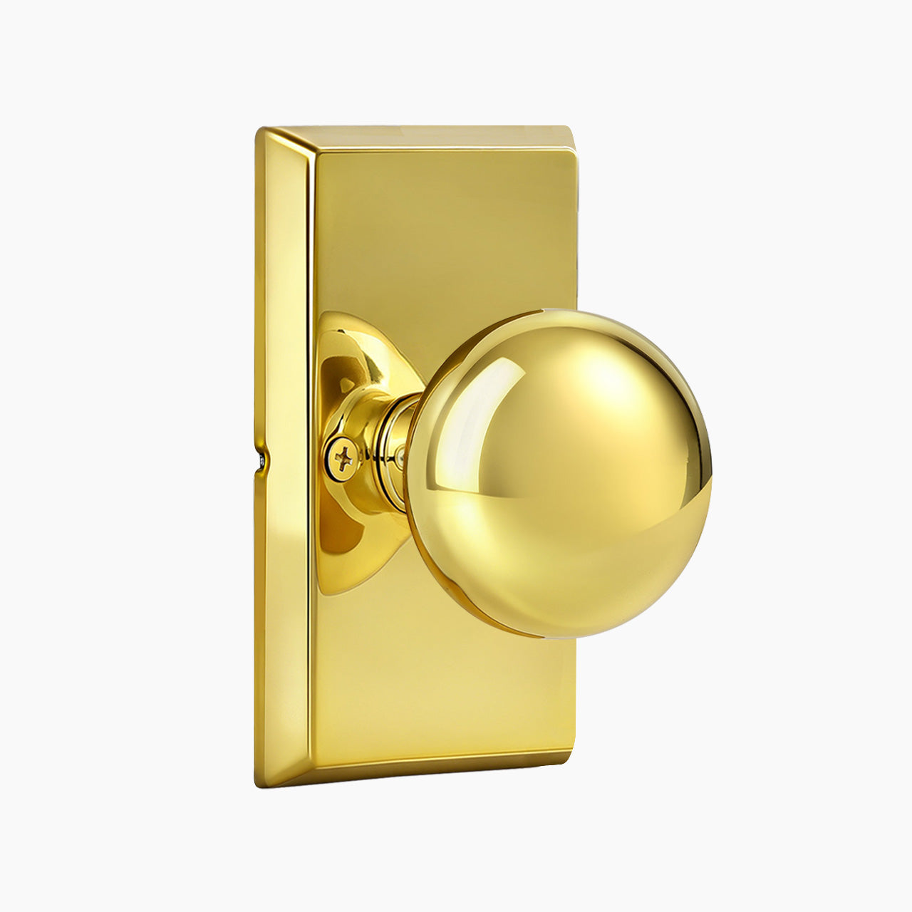 Polished brass modern vintage passage door knob with rectangular rosette SENY