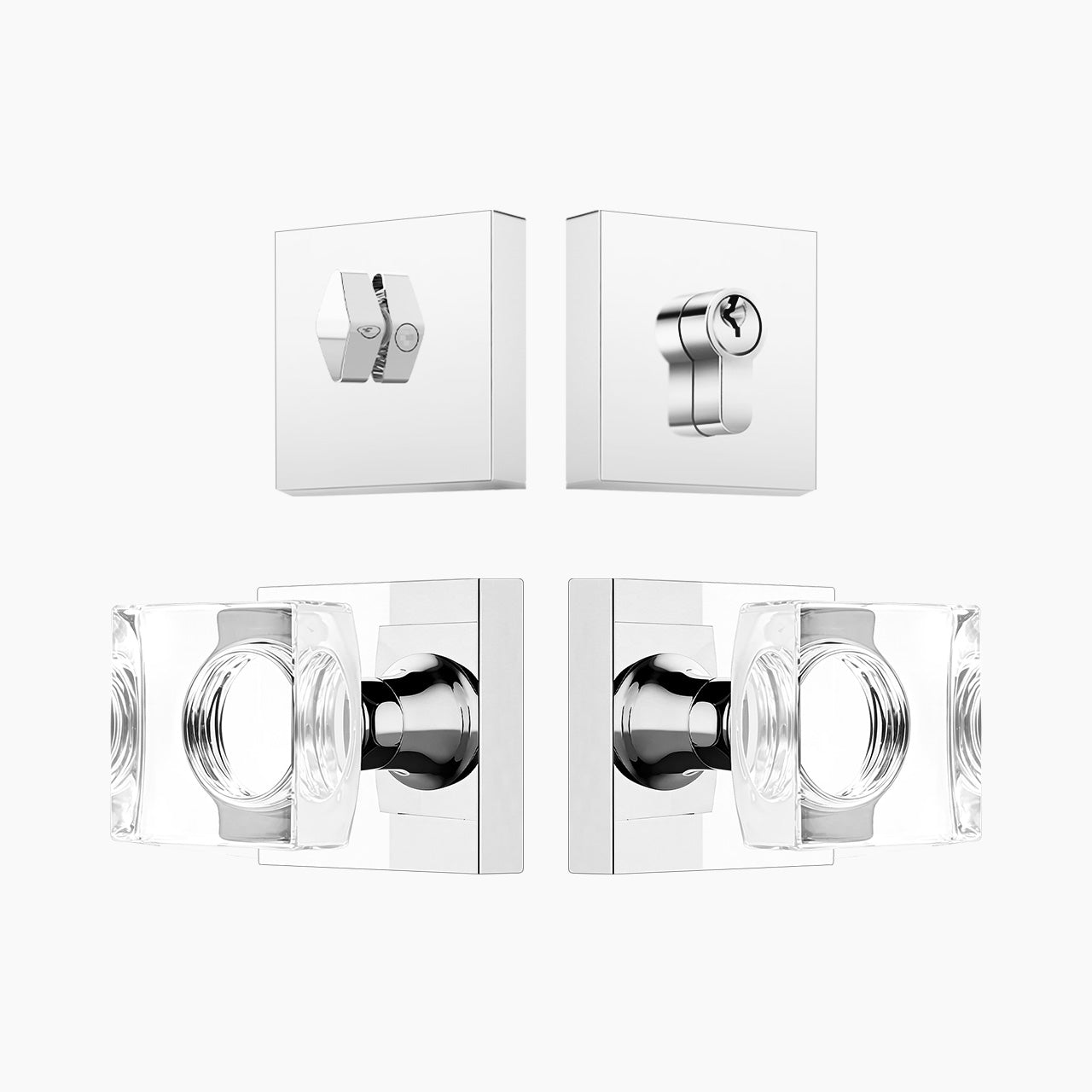 Polished Chrome crystal entry door knob with square backplate and deadbolt