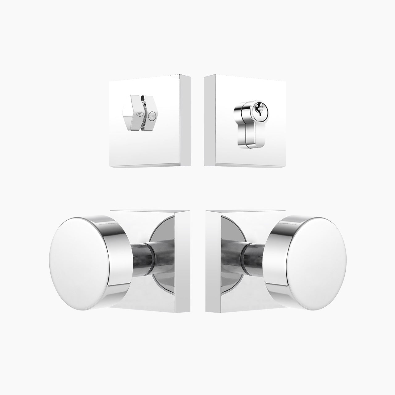 Polished chrome square rosette door knob set with deadbolt for exterior doors, SENY