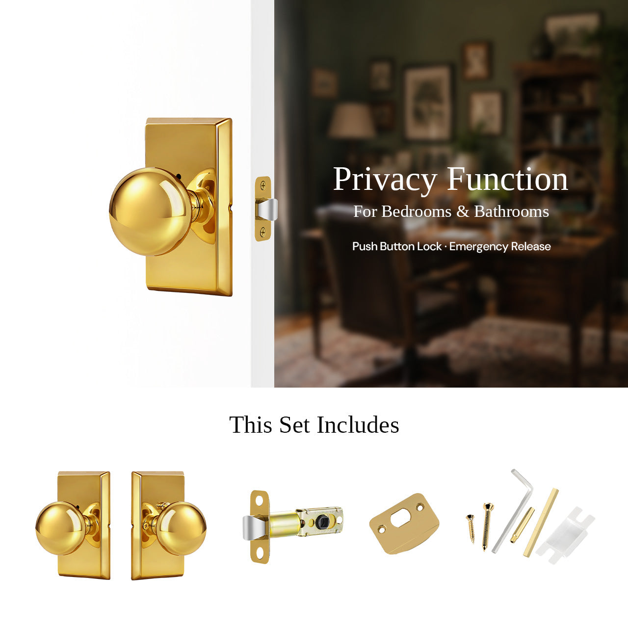 Privacy door knob installation view with locking function and accessories