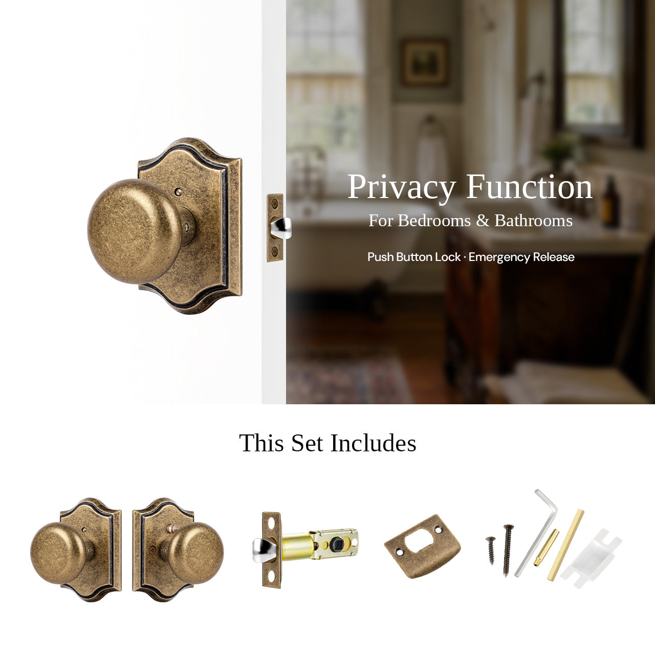 Privacy vintage interior door knob with arched rosette and emergency release SENY