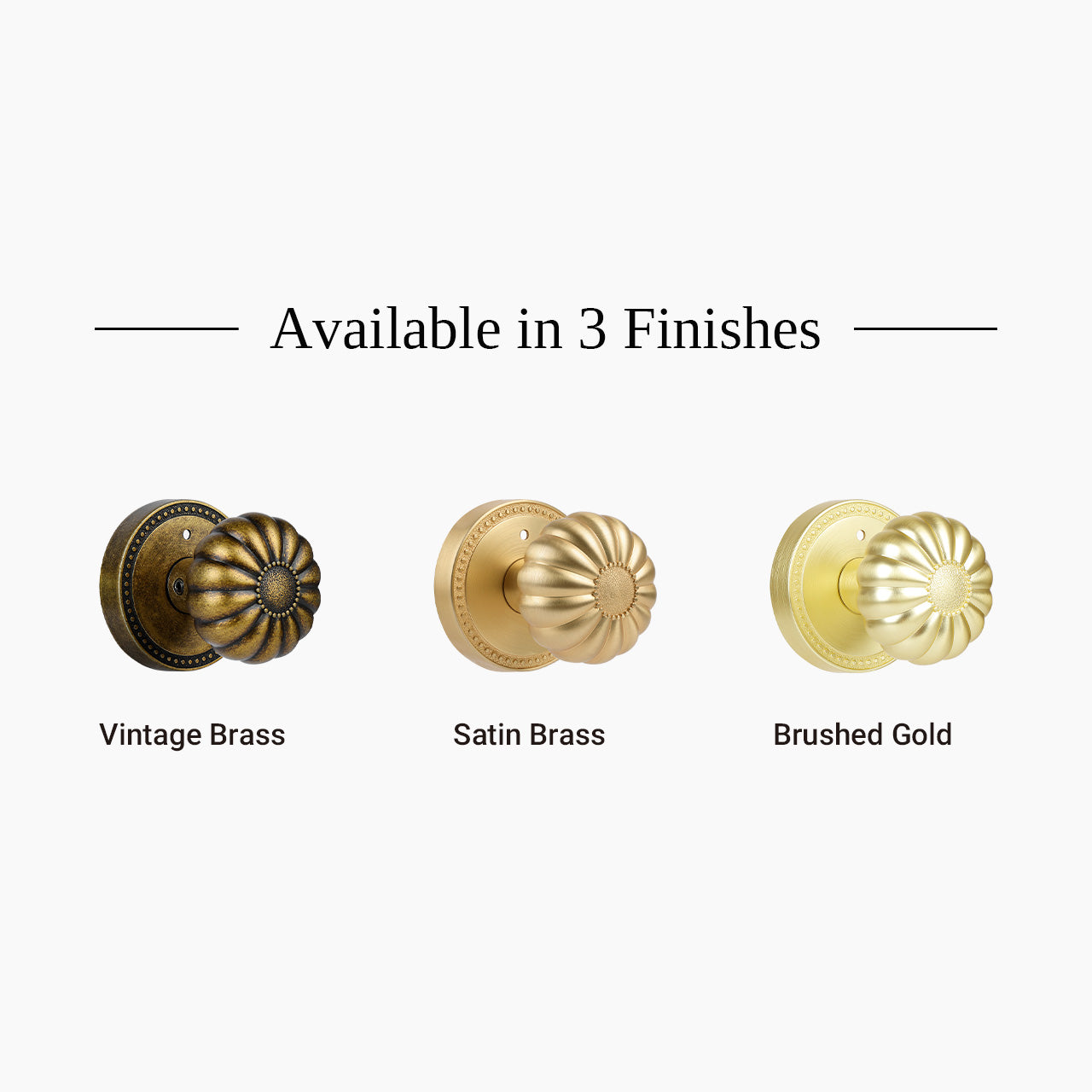 Pumpkin shaped door knob available in vintage brass, french gold and brushed gold finishes, SENY