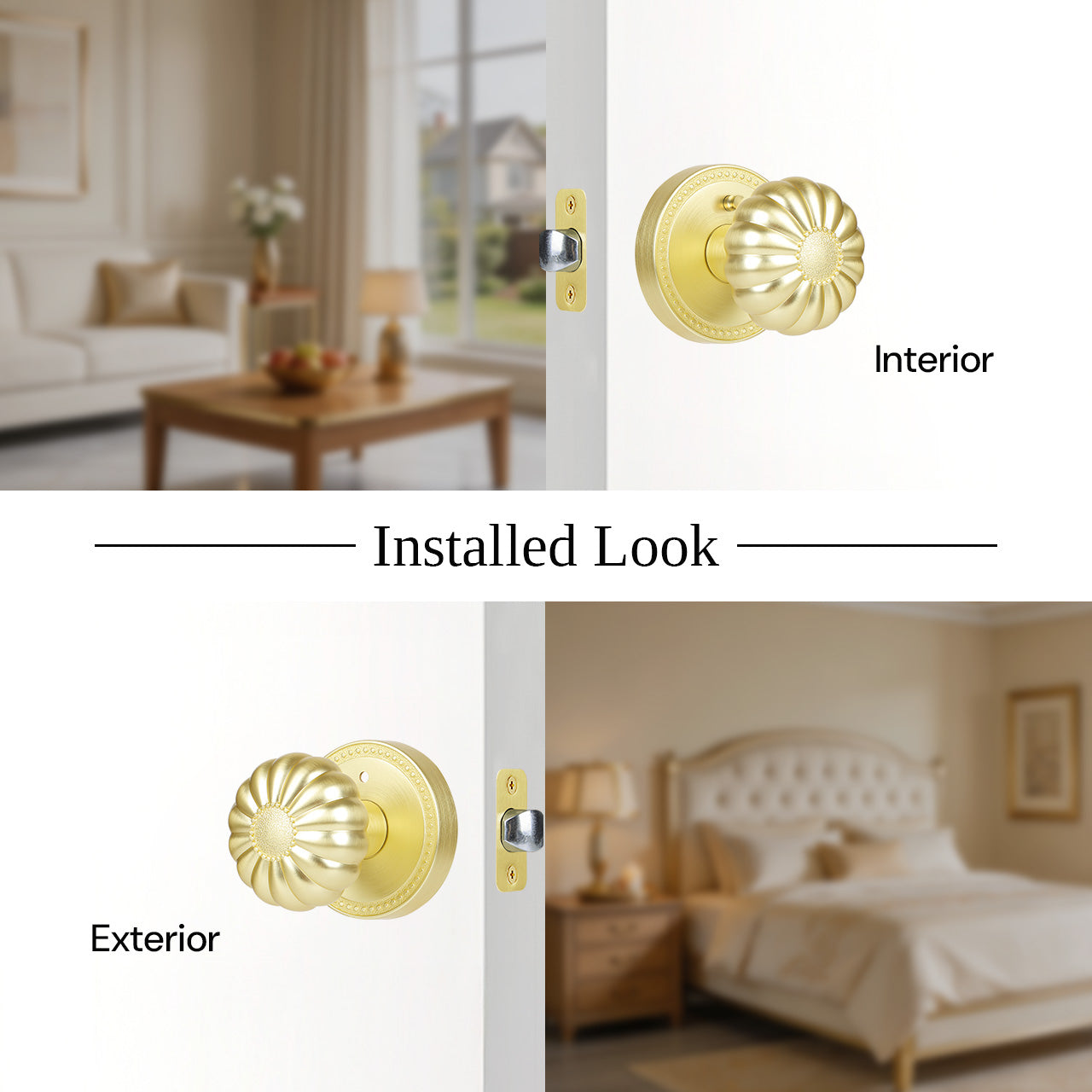 Vintage pumpkin door knob installed with interior and exterior side view, SENY
