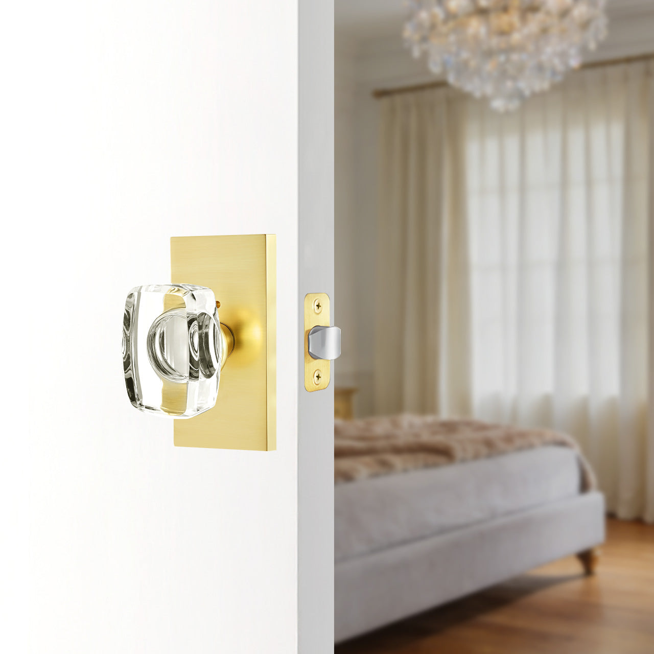 SENY rectangular crystal door knob installed on interior door