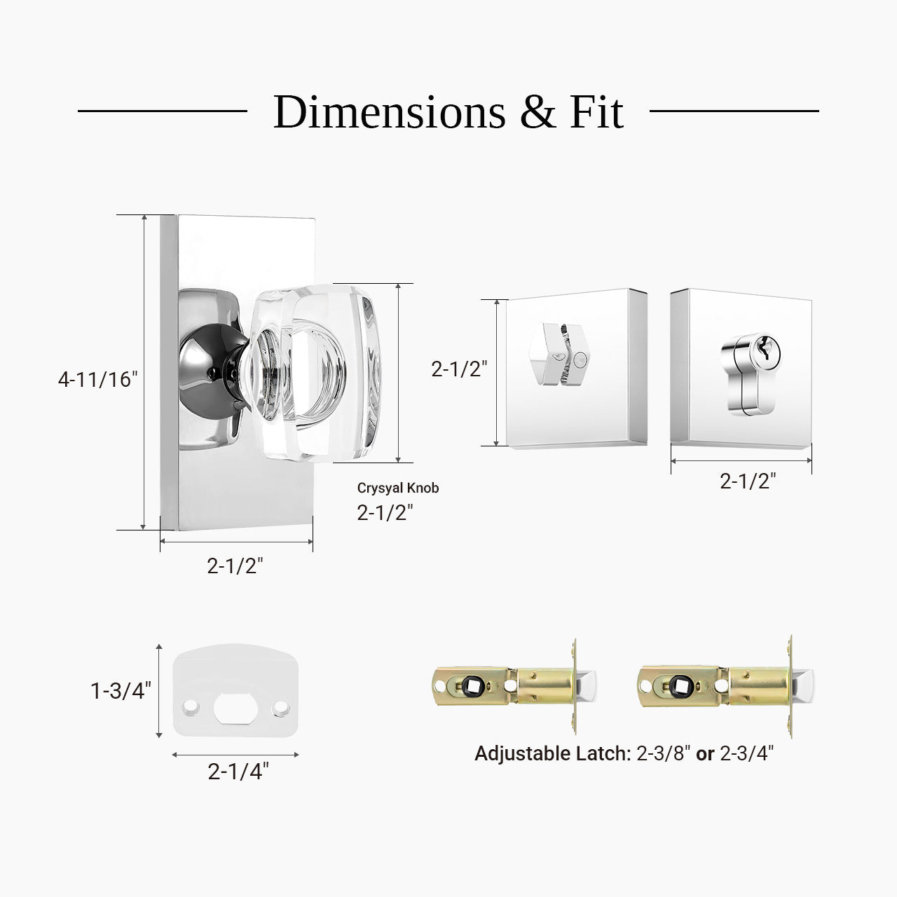 rectangular crystal door knob set dimensions and specifications diagram SENY